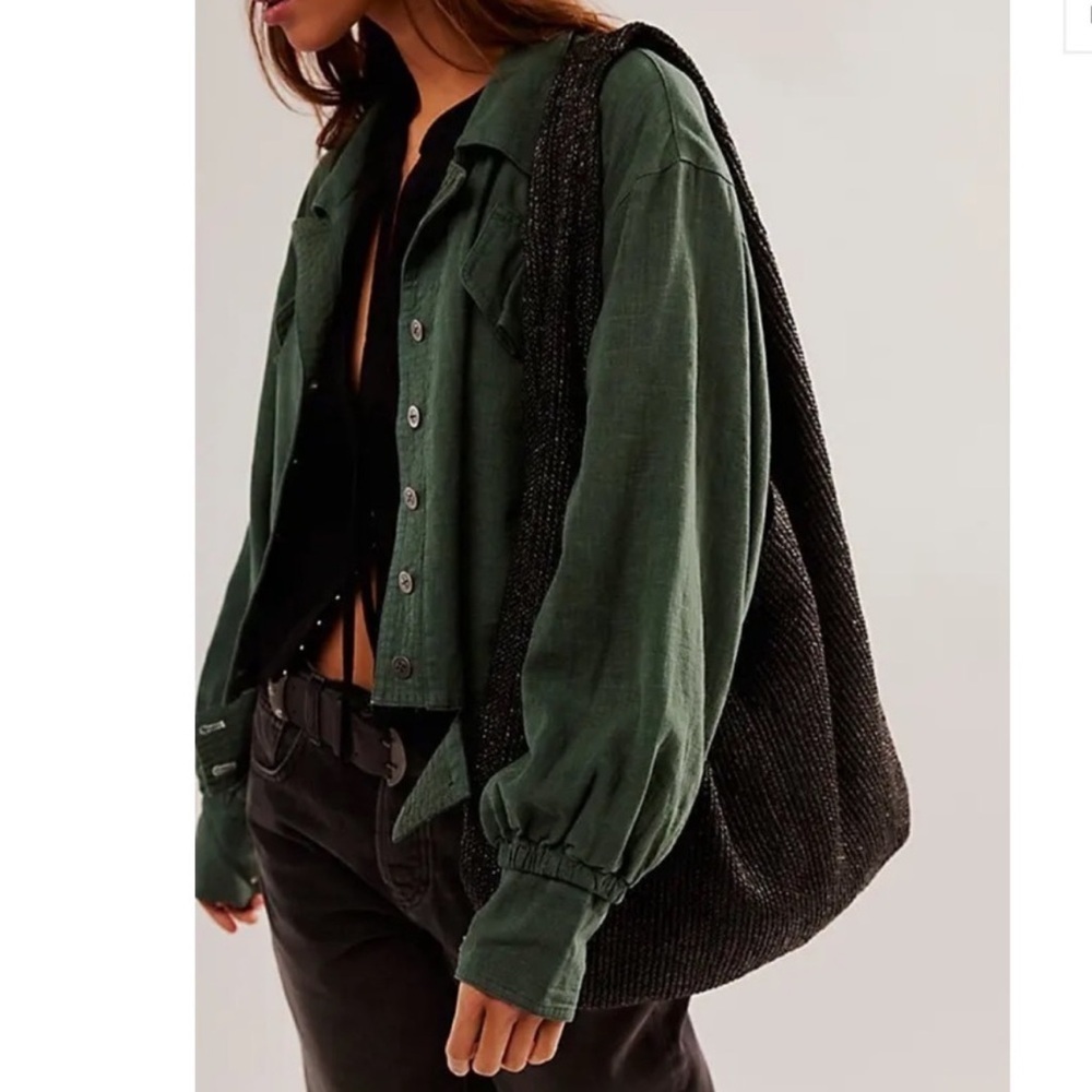 Free People Women's Billy Saddle Jacket Relaxed Cropped Linen Blend Green Small - Picture 2 of 15